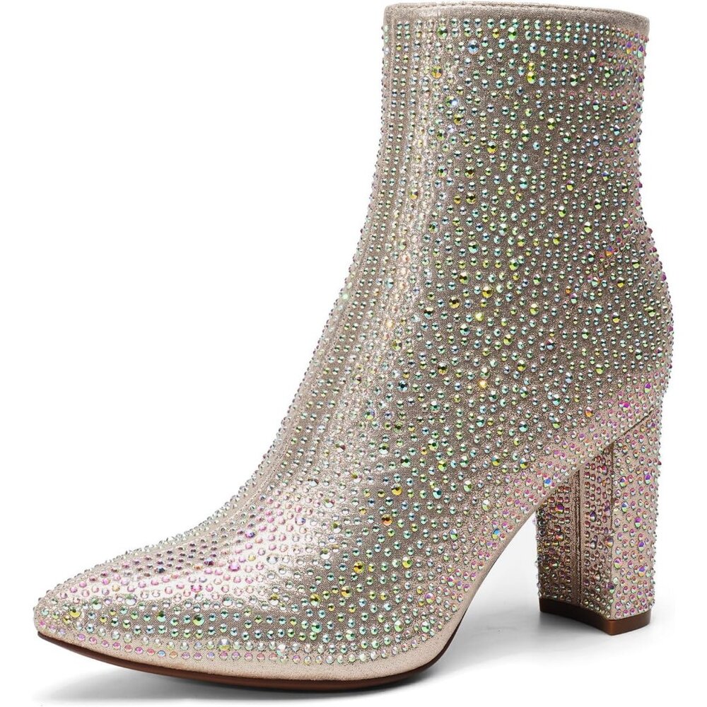 Dream Pairs Women's Gold Pointed Toe Fur Lining Block Heel Ankle Booties